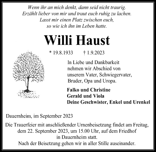 Traueranzeige von Willi Haust von Kreis-Anzeiger