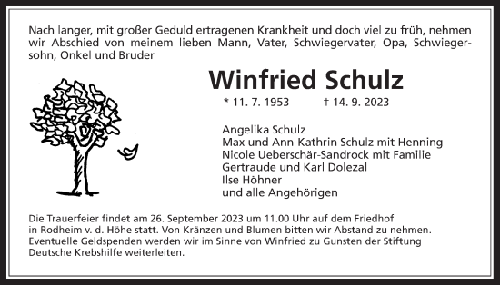 Traueranzeige von Winfried Schulz von Wetterauer Zeitung