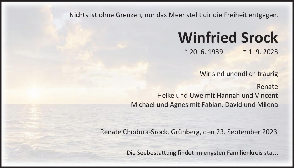  Traueranzeige für Winfried Srock vom 23.09.2023 aus Giessener Allgemeine, Alsfelder Allgemeine