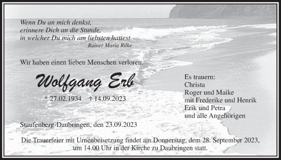 Traueranzeige von Wolfgang Erb von Giessener Allgemeine, Alsfelder Allgemeine, Giessener Anzeiger