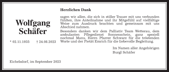 Traueranzeige von Wolfgang Schäfer von Kreis-Anzeiger