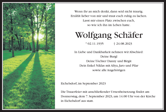 Traueranzeige von Wolfgang Schäfer von Kreis-Anzeiger