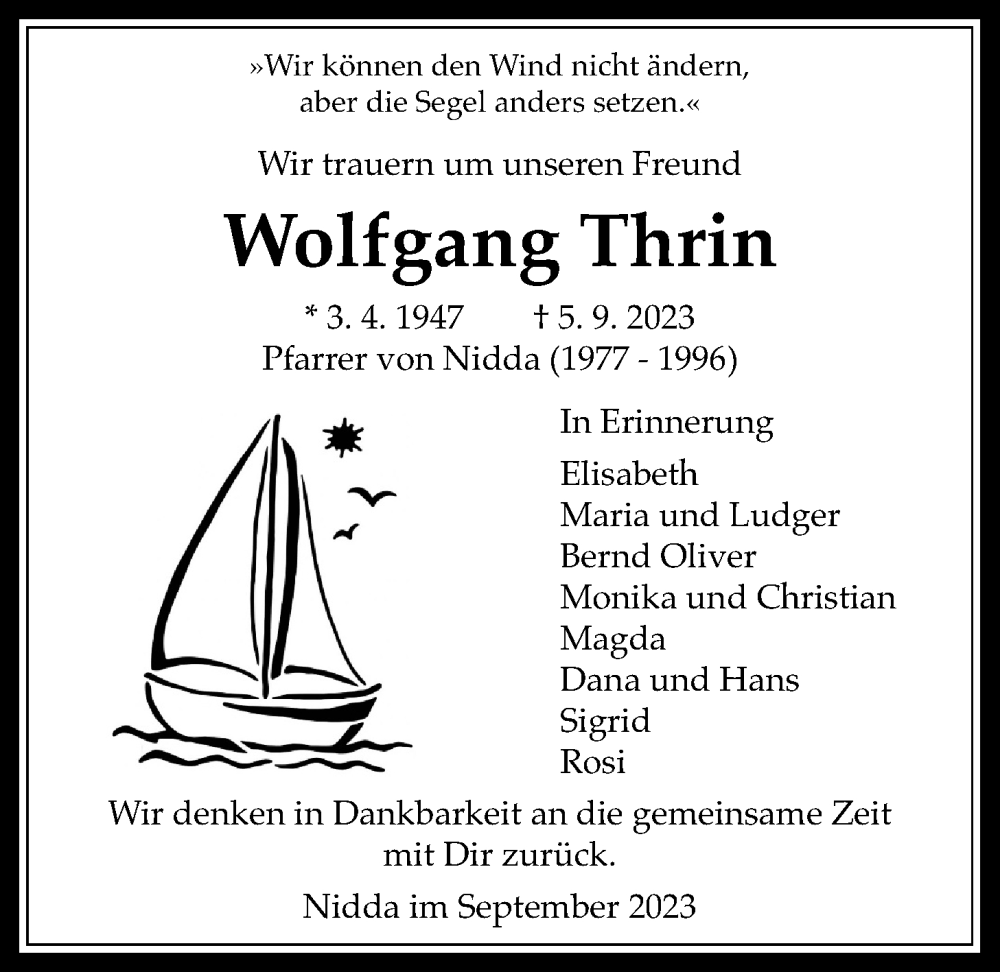  Traueranzeige für Wolfgang Thrin vom 16.09.2023 aus Kreis-Anzeiger