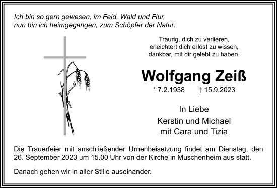 Traueranzeige von Wolfgang Zeiß von Licher Wochenblatt