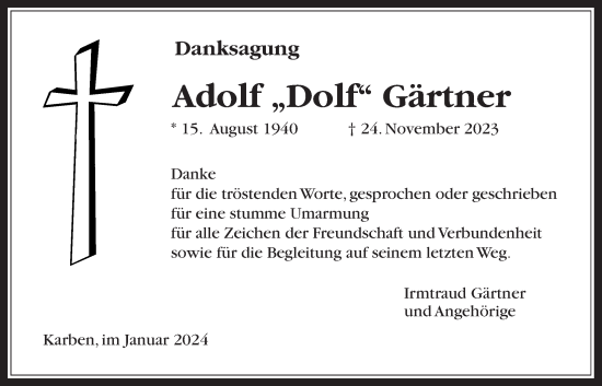 Traueranzeige von Adolf Gärtner von Bad Vilbel/Karben
