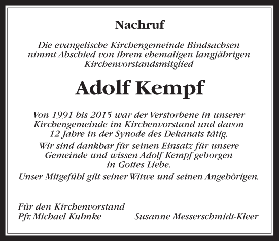 Traueranzeige von Adolf Kempf von Kreis-Anzeiger