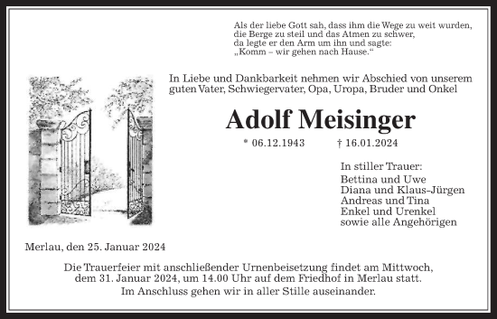 Traueranzeige von Adolf Meisinger von Mücker Stimme