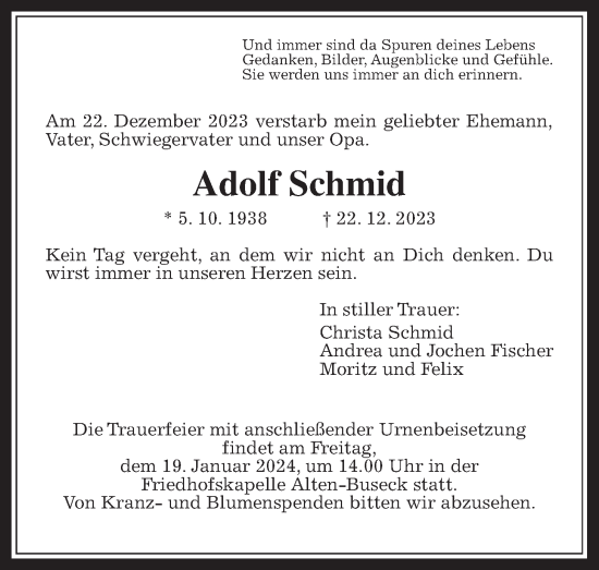 Traueranzeige von Adolf Schmid von Giessener Allgemeine, Alsfelder Allgemeine