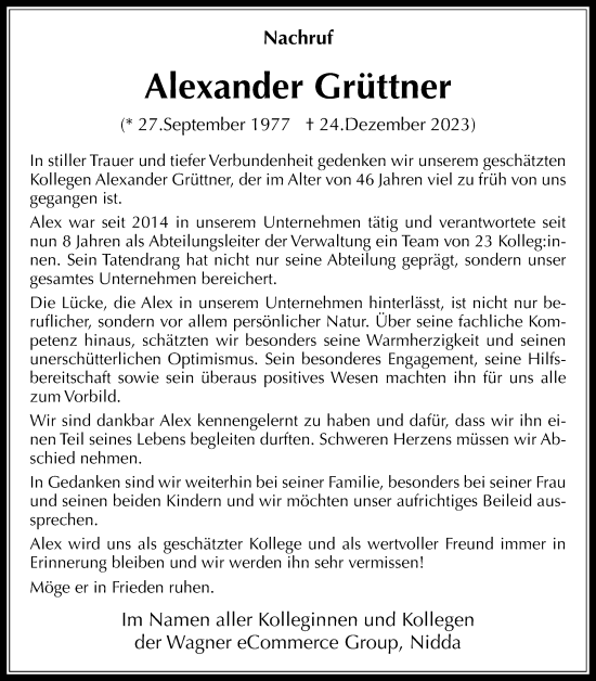 Traueranzeige von Alexander Grüttner von Giessener Allgemeine, Alsfelder Allgemeine