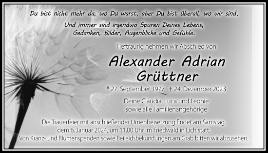 Traueranzeige von Alexander Adrian Grüttner von Wetterauer Zeitung, Giessener Allgemeine, Alsfelder Allgemeine