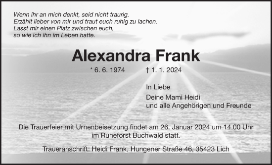 Traueranzeige von Alexandra Frank von Licher Wochenblatt, Licher Wochenblatt