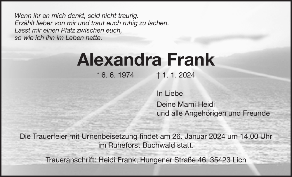  Traueranzeige für Alexandra Frank vom 18.01.2024 aus Licher Wochenblatt, Licher Wochenblatt