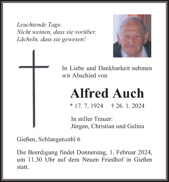 Traueranzeige von Alfred Auch von Giessener Allgemeine, Alsfelder Allgemeine, Giessener Anzeiger