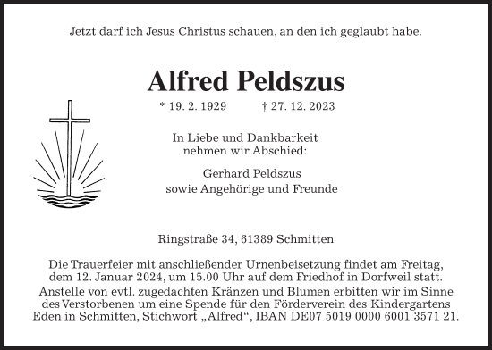 Traueranzeige von Alfred Peldszus von Usinger Anzeiger