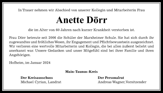 Traueranzeige von Anette Dörr 