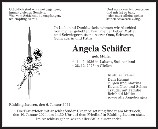 Traueranzeige von Angela Schäfer von Giessener Anzeiger, Giessener Allgemeine, Alsfelder Allgemeine