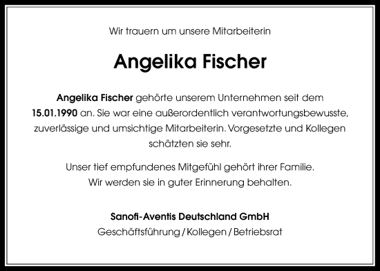 Traueranzeige von Angelika Fischer von Usinger Anzeiger