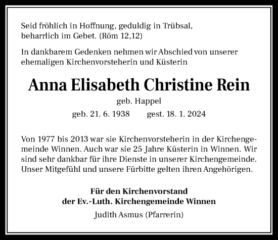 Traueranzeige von Anna Elisabeth Christine Rein von Allendorfer Mitteilungen