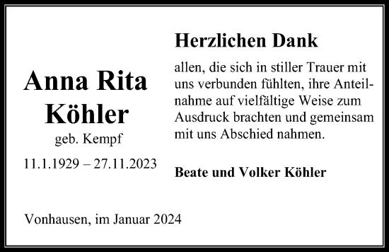 Traueranzeige von Anna Rita Köhler von Kreis-Anzeiger