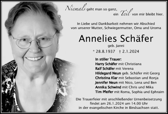 Traueranzeige von Annelies Schäfer von Kreis-Anzeiger