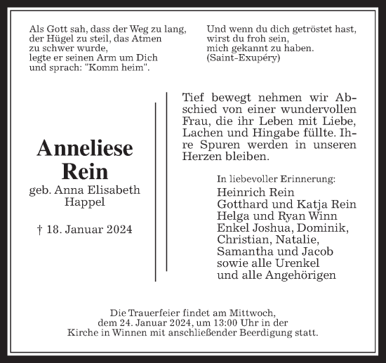 Traueranzeige von Anneliese Rein von Giessener Allgemeine, Alsfelder Allgemeine, Wetterauer Zeitung