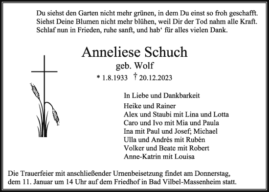Traueranzeige von Anneliese Schuch von Bad Vilbel/Karben, Wetterauer Zeitung