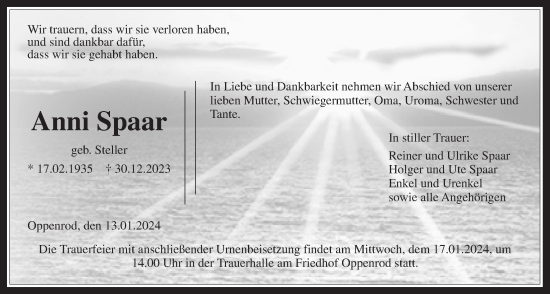 Traueranzeige von Anni Spaar von Giessener Anzeiger, Giessener Allgemeine, Alsfelder Allgemeine