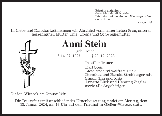 Traueranzeige von Anni Stein von Giessener Anzeiger, Giessener Allgemeine, Alsfelder Allgemeine