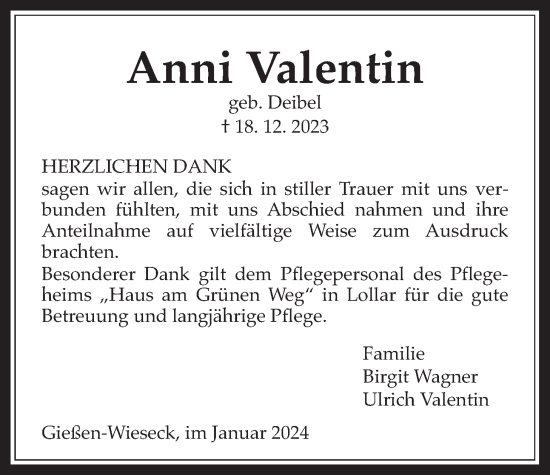 Traueranzeige von Anni Valentin von Giessener Anzeiger, Giessener Allgemeine, Alsfelder Allgemeine