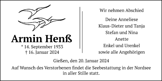 Traueranzeige von Armin Henß von Giessener Allgemeine, Alsfelder Allgemeine