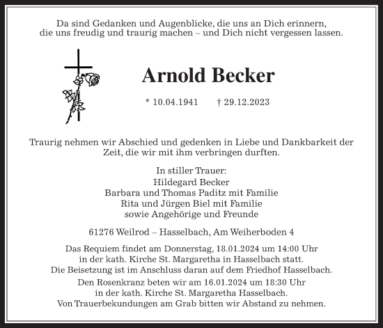 Traueranzeige von Arnold Becker von Usinger Anzeiger