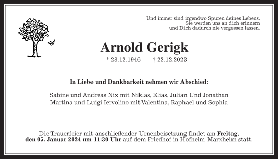 Traueranzeige von Arnold Gerigk 