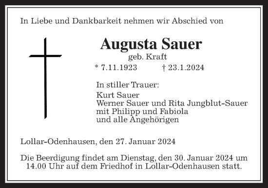 Traueranzeige von Augusta Sauer von Giessener Allgemeine, Alsfelder Allgemeine, Giessener Anzeiger
