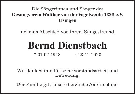 Traueranzeige von Bernd Dienstbach von Usinger Anzeiger