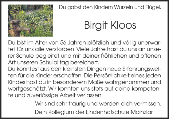 Traueranzeige von Birgit Kloos von Giessener Allgemeine, Alsfelder Allgemeine, Wetterauer Zeitung