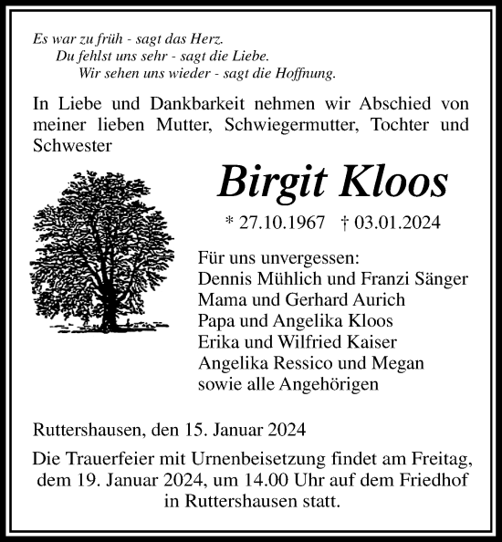 Traueranzeige von Birgit Kloos von Giessener Anzeiger, Giessener Allgemeine, Alsfelder Allgemeine