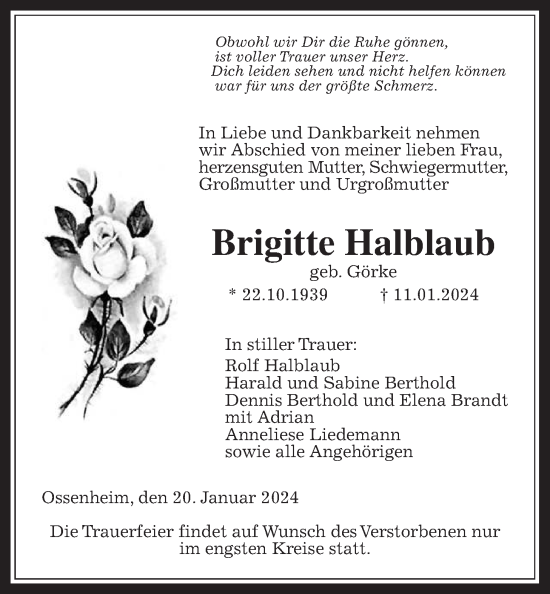 Traueranzeige von Brigitte Halblaub von Wetterauer Zeitung