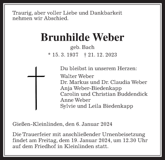 Traueranzeige von Brunhilde Weber von Giessener Anzeiger, Giessener Allgemeine, Alsfelder Allgemeine