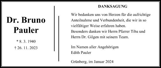 Traueranzeige von Bruno Horst Pauler von Giessener Allgemeine, Alsfelder Allgemeine