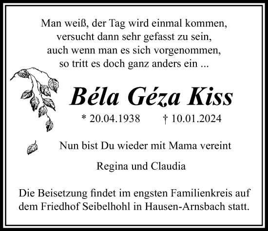 Traueranzeige von Béla Géza Kiss von Usinger Anzeiger