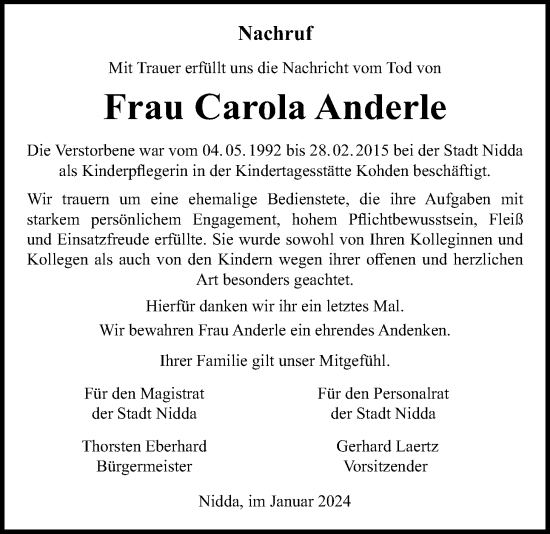 Traueranzeige von Carola Anderle von Kreis-Anzeiger