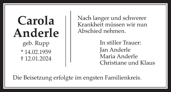 Traueranzeige von Carola Anderle von Kreis-Anzeiger