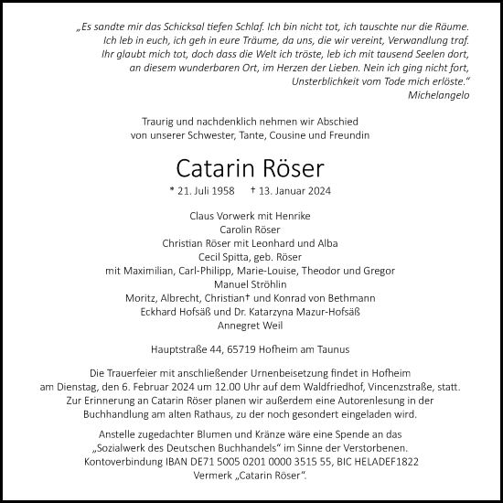 Traueranzeige von Catarin Röser 