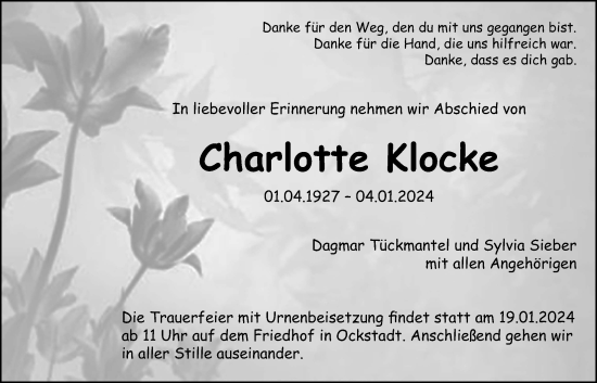 Traueranzeige von Charlotte Klocke von Wetterauer Zeitung