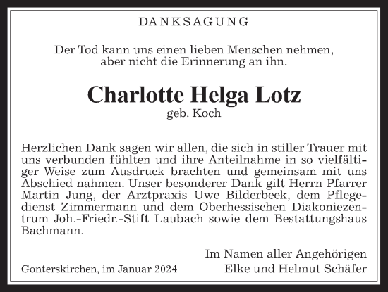 Traueranzeige von Charlotte Helga Lotz von Laubacher Anzeiger