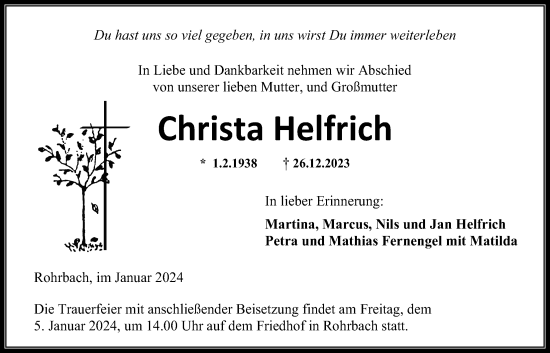 Traueranzeige von Christa Helfrich von Kreis-Anzeiger