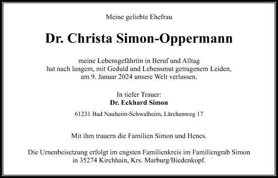 Traueranzeige von Christa Simon-Oppermann von Wetterauer Zeitung