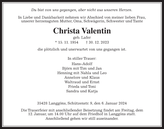 Traueranzeige von Christa Valentin von Giessener Allgemeine, Alsfelder Allgemeine