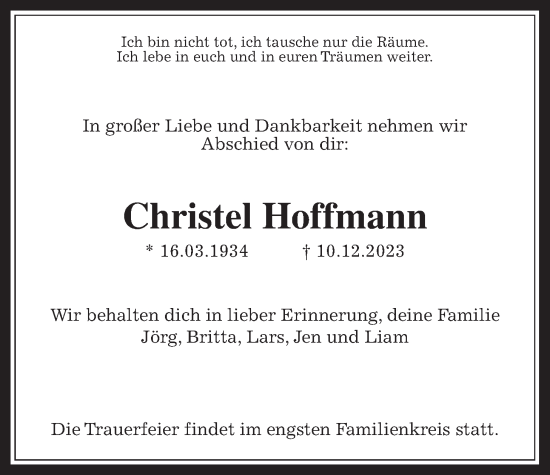 Traueranzeige von Christel Hoffmann von Giessener Anzeiger, Giessener Allgemeine, Alsfelder Allgemeine