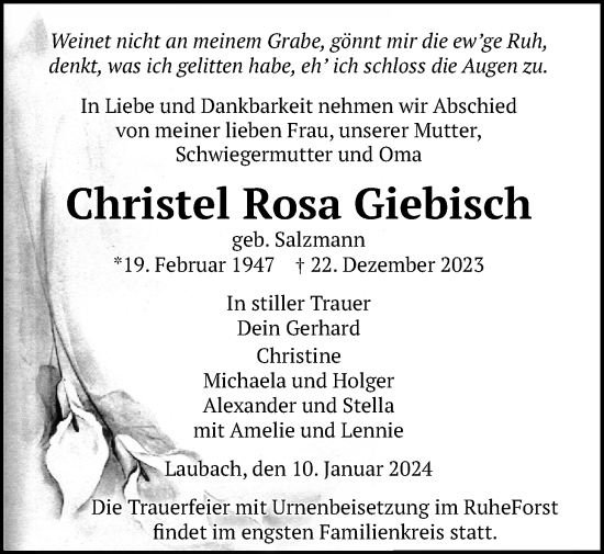 Traueranzeige von Christel Rosa Giebisch von Laubacher Anzeiger